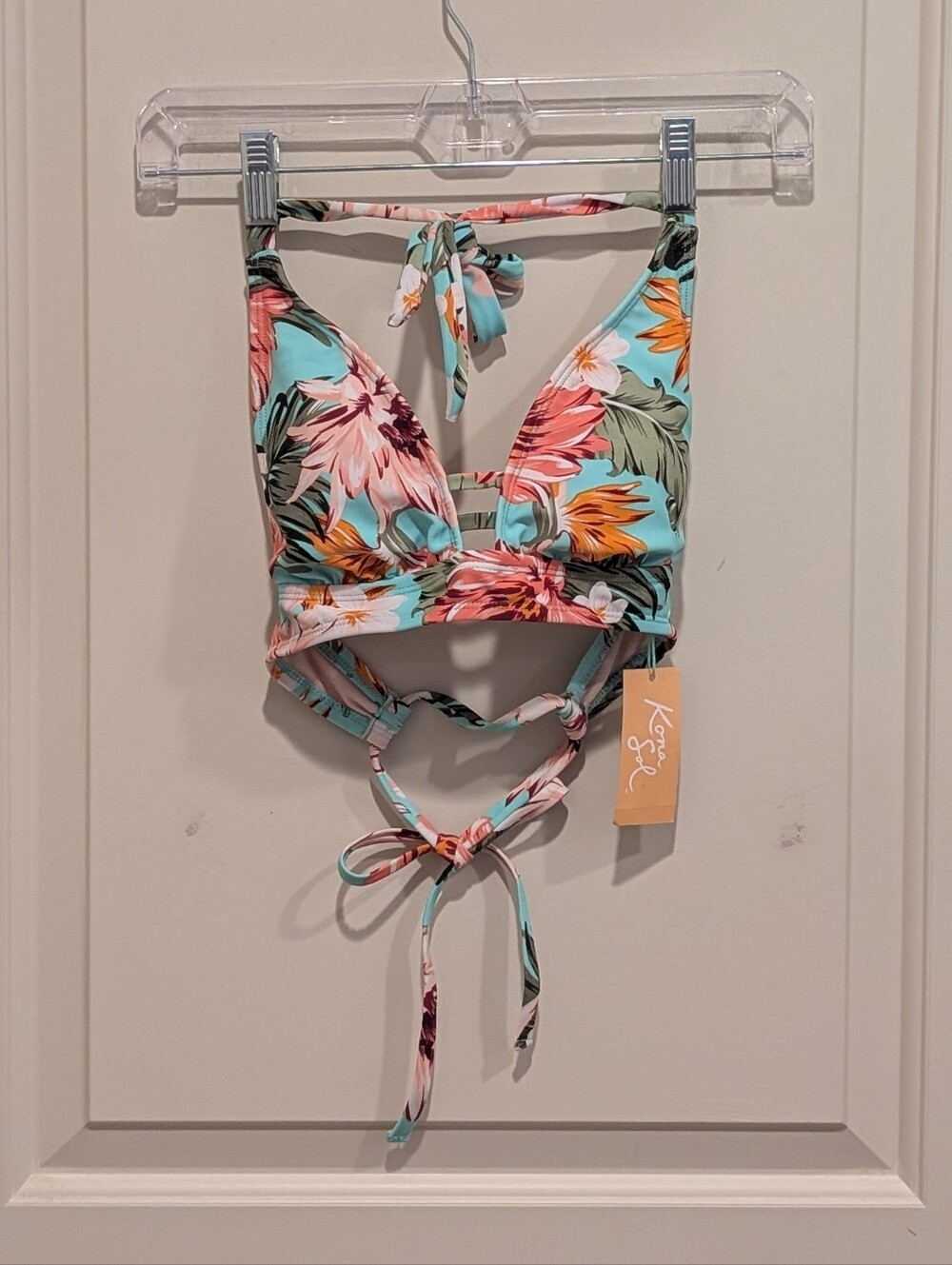 Kona Sol Aqua Floral Halter Bikini Top with Pink & Orange Blooms Size Small